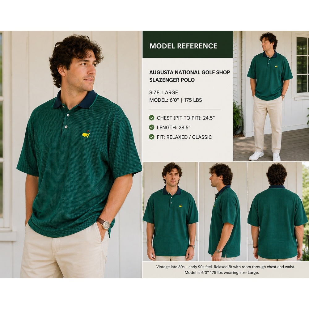 Vintage Augusta National Golf Shop Slazenger Polo Shirt Green Houndstooth L